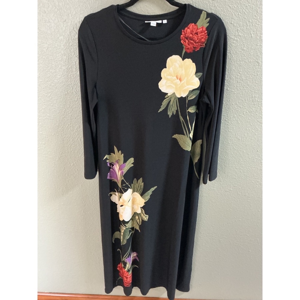 Chico's Floral Midi Dress Womens 1 M Black Excellent Long Sleeve Botanical
